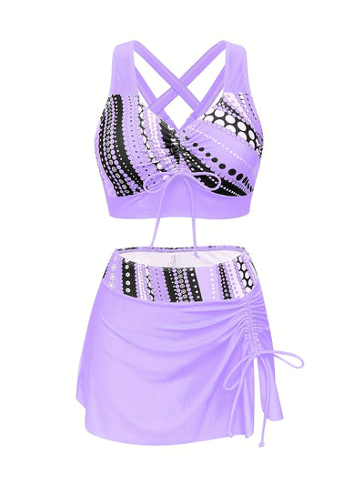 3-teiliges Bikini-Set – Verstellbares Bindetop mit Rock, Strandmode für Damen