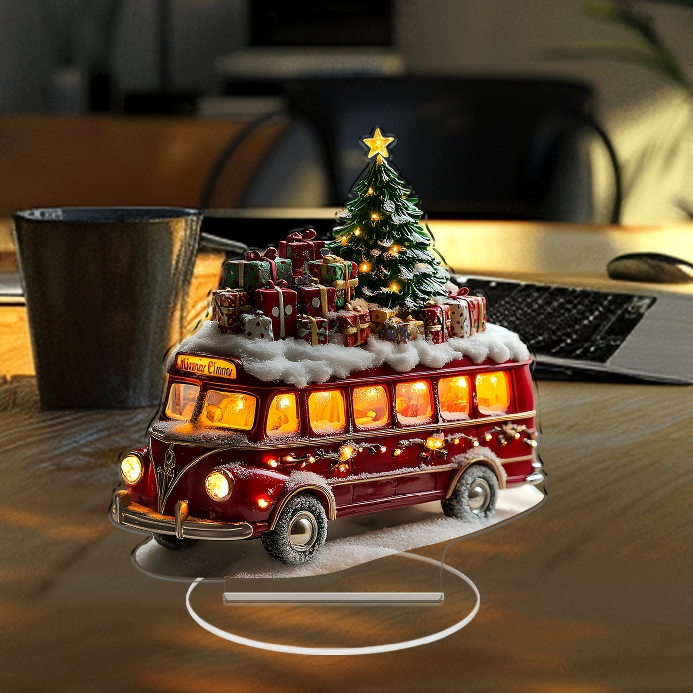 Winterreise | Bezaubernde Acryl Tischdekoration mit LED-Schneeauto