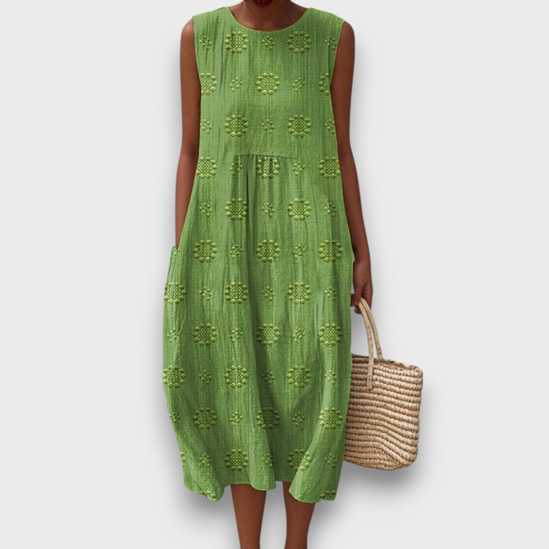 Serava – Gesticktes Midikleid mit Seitentaschen