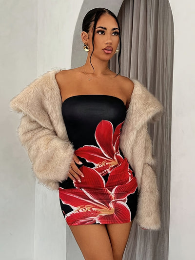 Schulterfreies Blumen Bodycon Kleid – Figurbetont, Elegant & Vielseitig