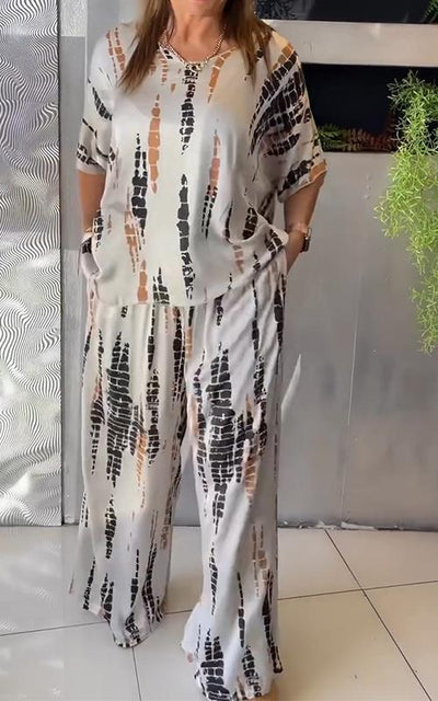 Aubrey™ - Lässiges Zweiteiliges Satin Kostüm mit Rundhalsausschnitt