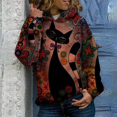 Astrid - eleganter damen-hoodie mit katzenprint