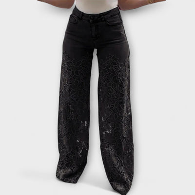 Virelle – Jeans mit floraler Transparenz und weitem Bein