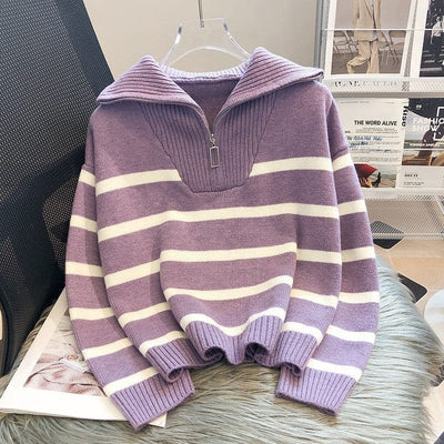 VIELA - Reißverschluss Gestreifter Strickpullover