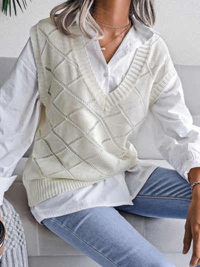Vania® | Lässiger Strickpullover mit V-Ausschnitt und hohlen Diamanten für Damen