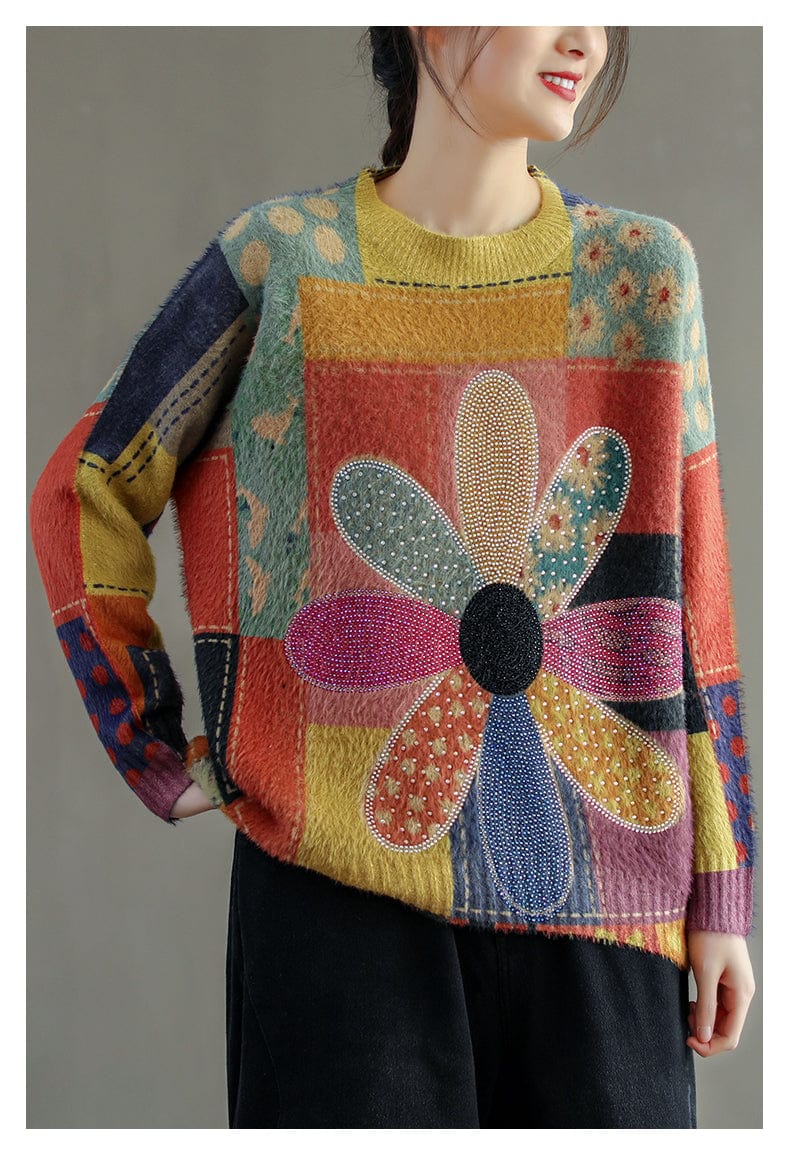 XIENNA - Vintage Diamantblumenpullover 2024