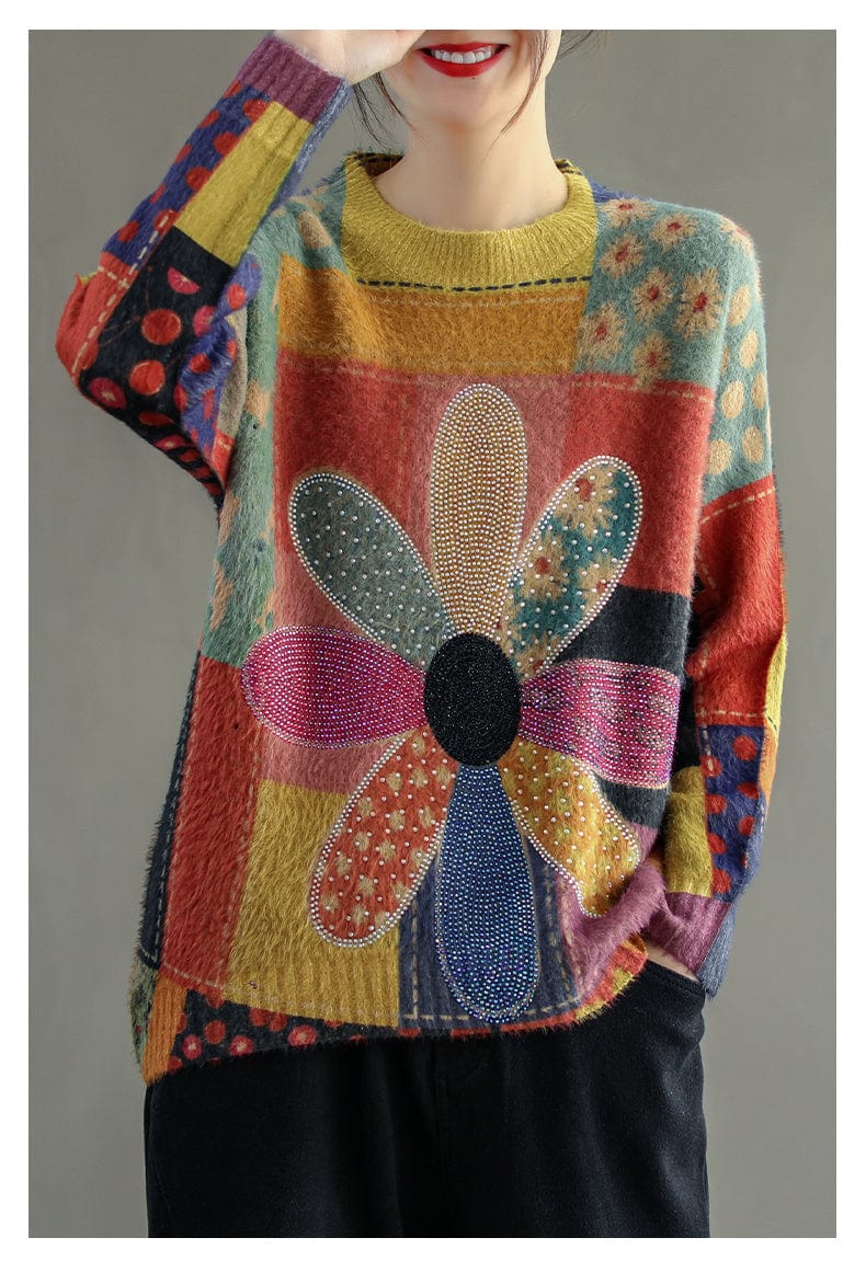 XIENNA - Vintage Diamantblumenpullover 2024