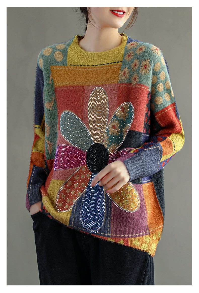 XIENNA - Vintage Diamantblumenpullover 2024